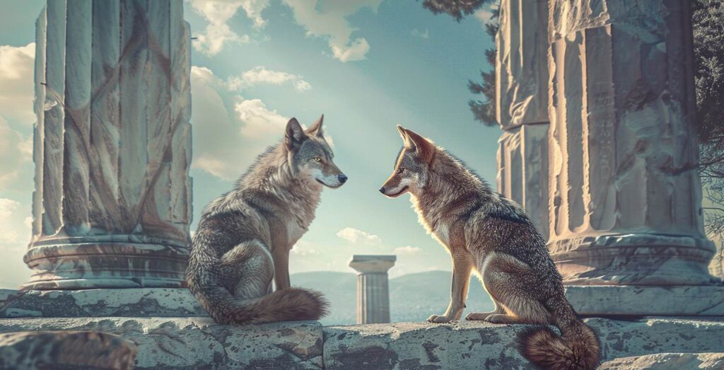 stoic, dialogue, wolf, fox, ancient, temple, wisdom