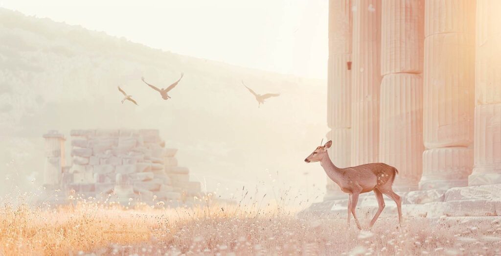 stoic, nature, ancient, ruins, deer, golden, light