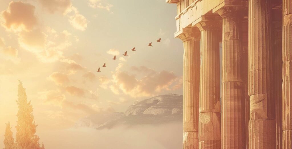 stoic, reflections, dawn, ancient, temple, flying birds