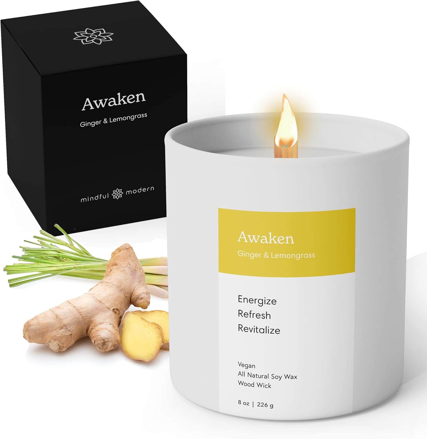 A natural aromatherapy candle with ginger and lemongrass, representing mindfulness and calm as tools for Stoic moderation.