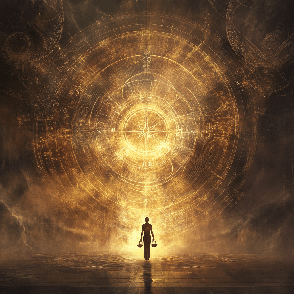A silhouette walks toward a glowing golden spiral, illustrating the journey toward inner peace and wisdom through Stoic moderation.