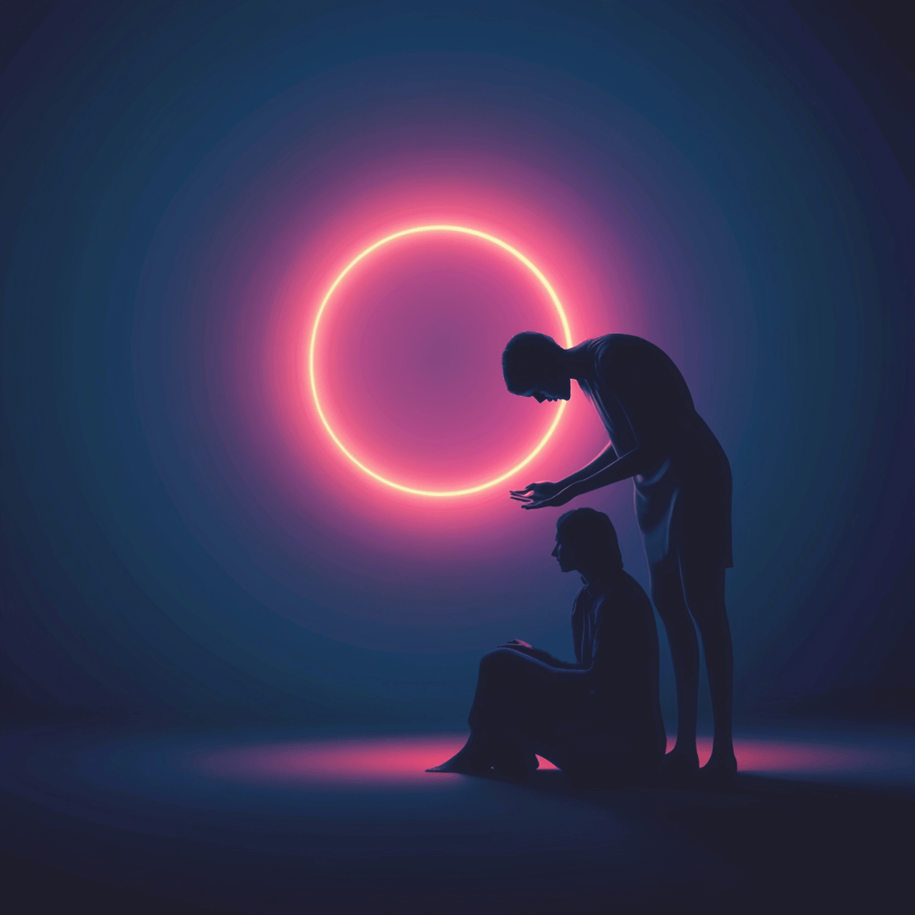 Silhouetted figure offering comfort to another under neon light, reflecting balanced compassion and boundaries in Stoicism