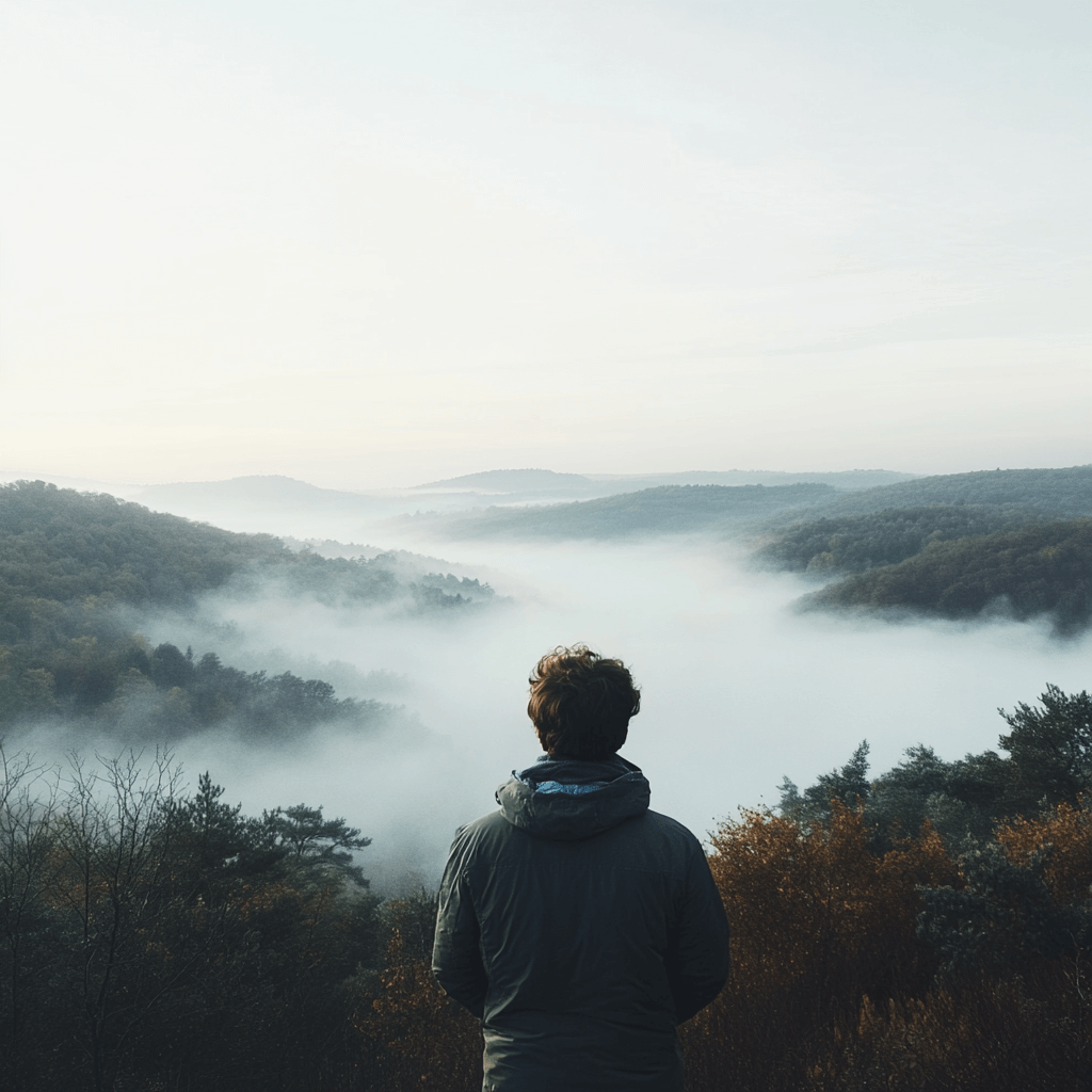 Man overlooking foggy valley at sunrise, symbolizing clarity and perspective in the practice of Stoicism