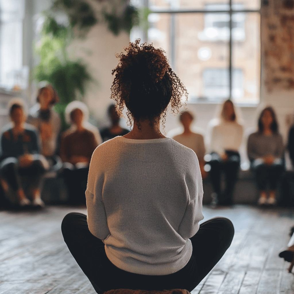 A woman sits in meditation during a group session, capturing the Stoic practice of disciplined speech and inner silence.