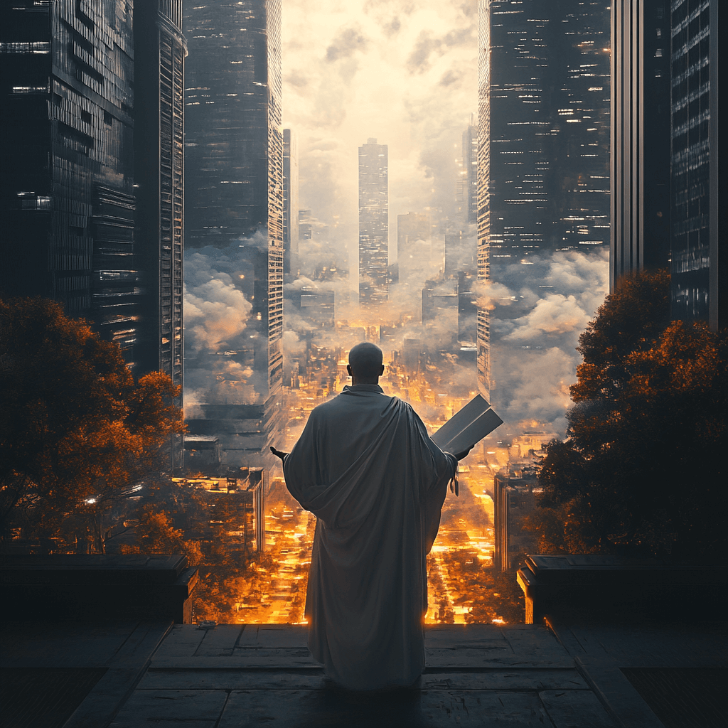 A contemplative figure in a robe stands before a futuristic cityscape, symbolizing the Stoic path of moderation amidst a chaotic modern world.