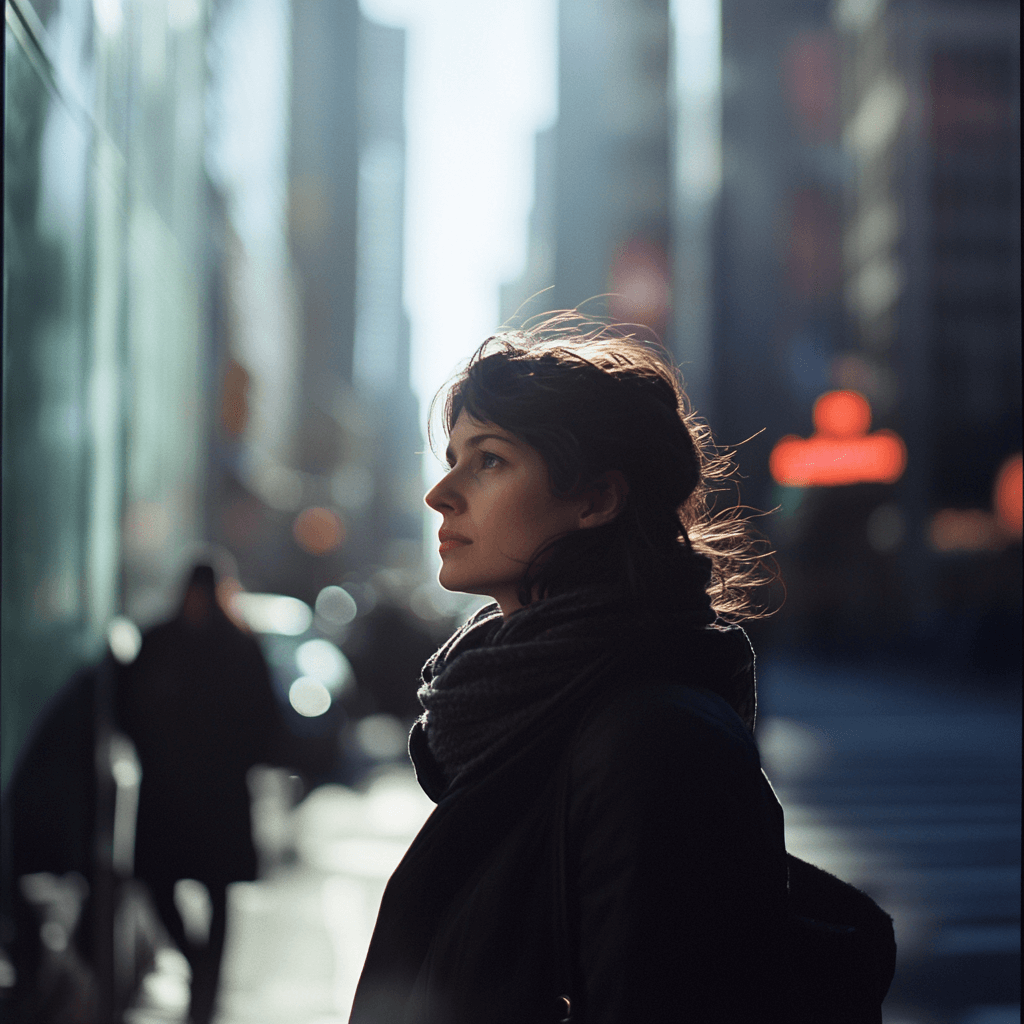 Woman standing calmly in a busy city street, symbolizing emotional resilience and inner strength through Stoicism