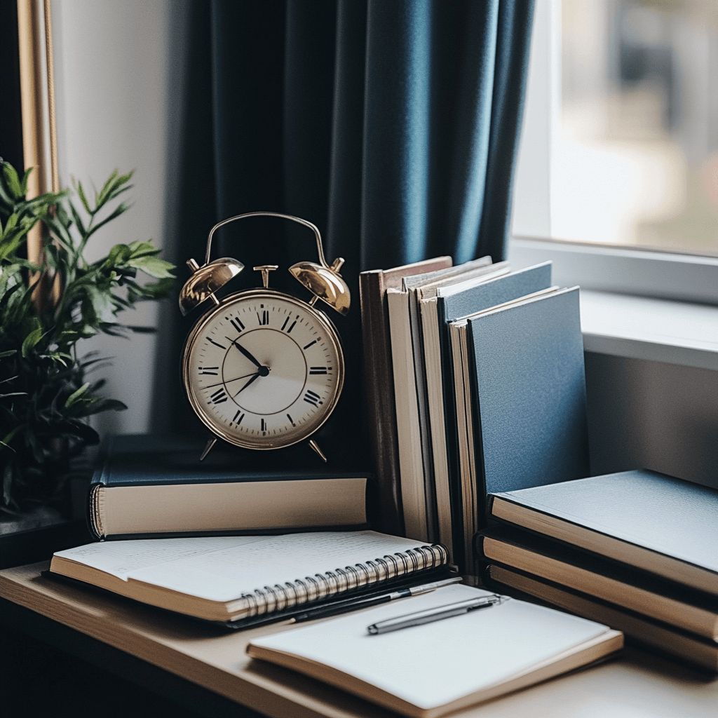 A neatly arranged desk with a clock and notebooks, representing the Stoic value of orderliness and structured living for inner peace.