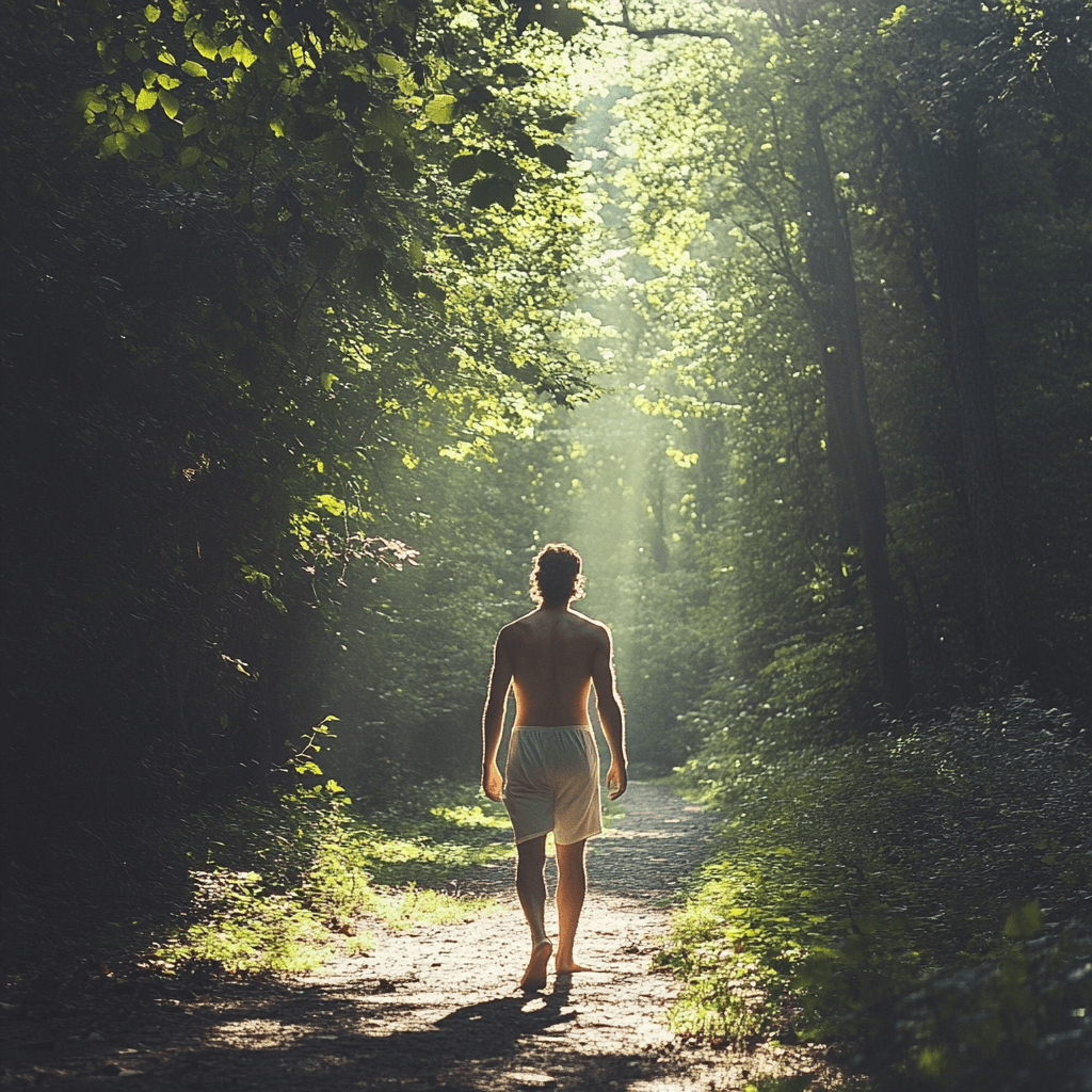 Man walking through sunlit forest path, representing alignment with nature and mindful living in Stoicism