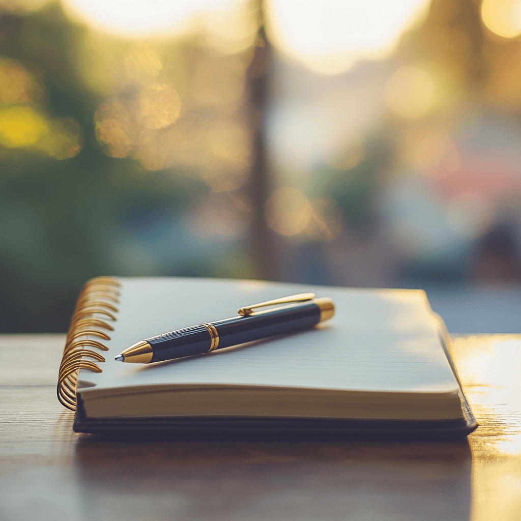 Notebook and pen on a table with soft morning light, representing reflection and daily practice in Stoicism