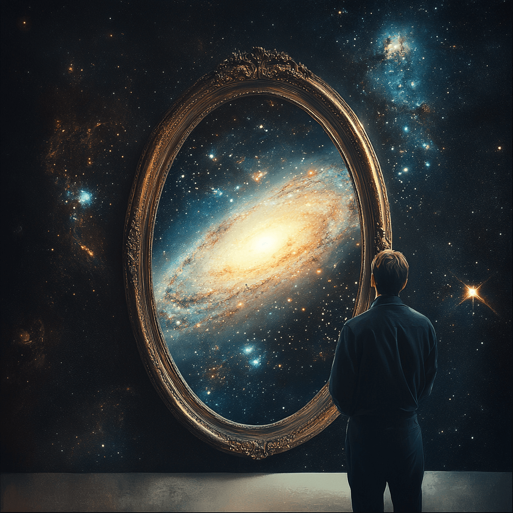 Man looking into a cosmic mirror reflecting the galaxy, symbolizing deep introspection and self-awareness in Stoicism