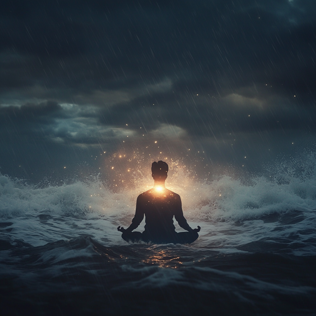 Silhouette meditating in stormy ocean with glowing light, symbolizing inner peace and clarity through Stoicism