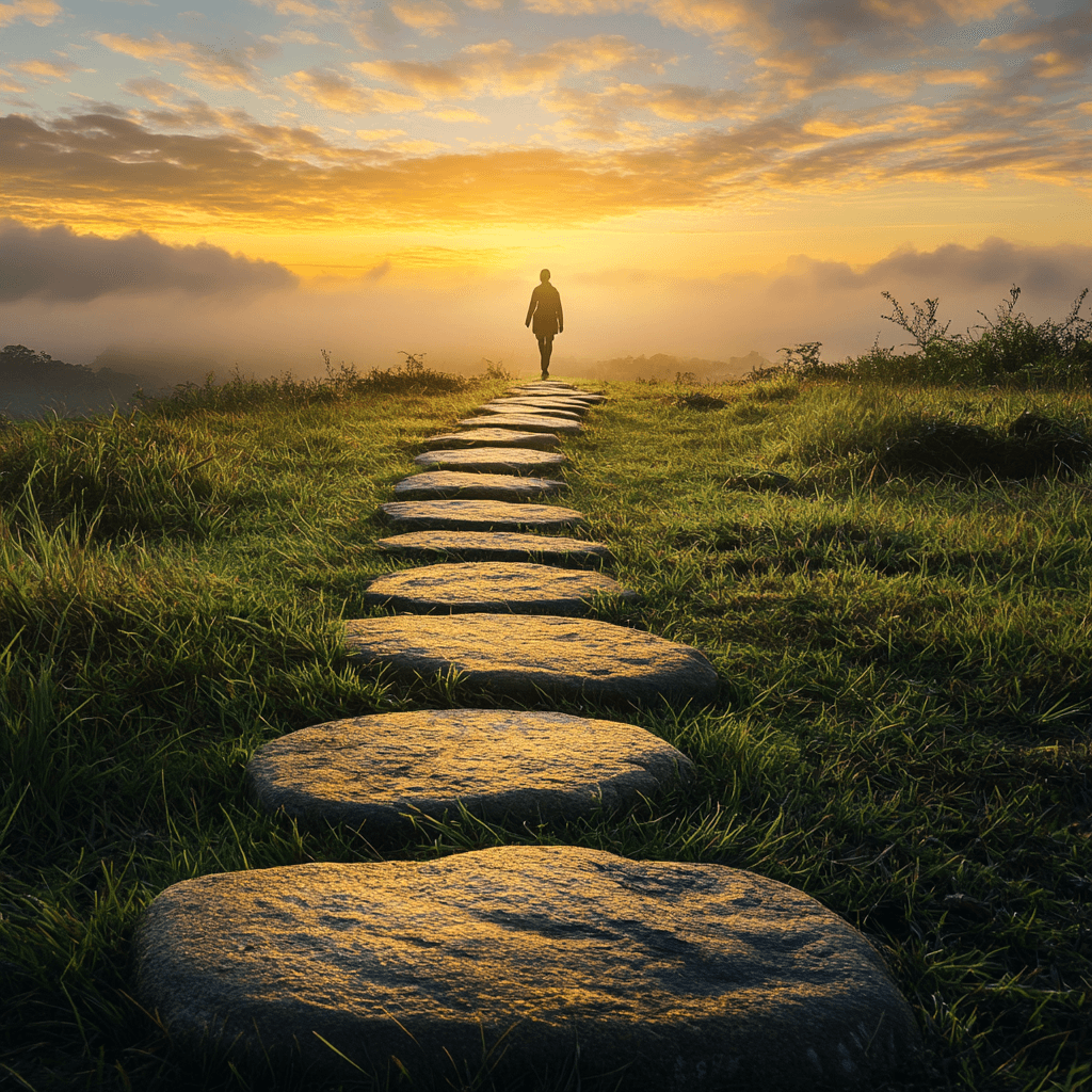 Person walking on stone path at sunrise, symbolizing purpose-driven decision-making in Stoicism