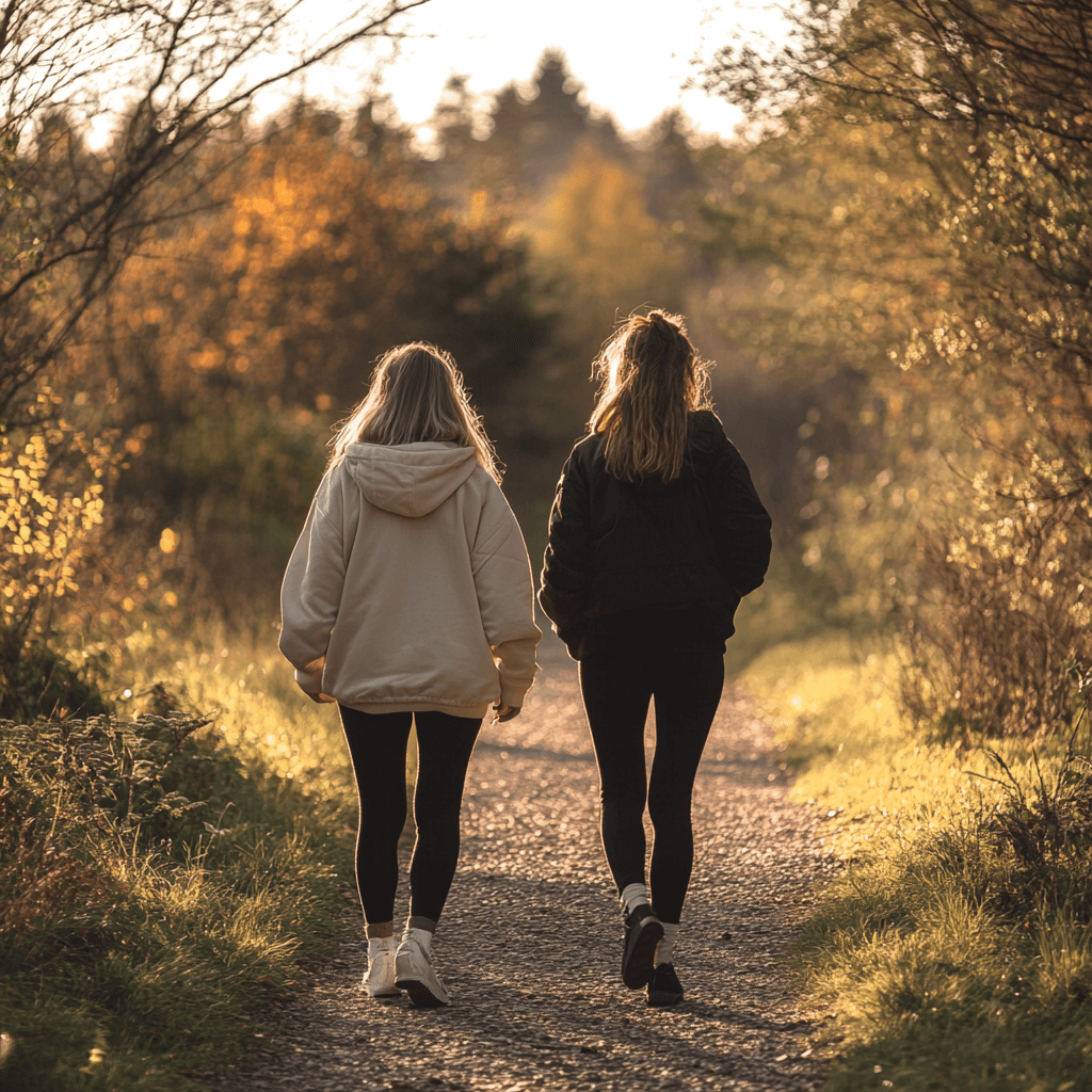 Two women walking peacefully on a forest path, representing Stoic balance in relationships—connection without emotional dependence.