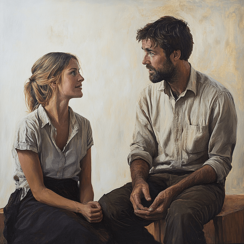 A man and woman sit facing each other in an engaged conversation, illustrating Stoic propriety and mindful communication.