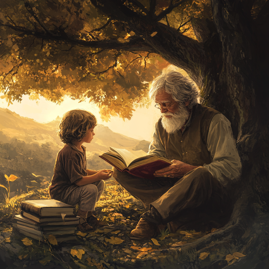 Elderly man reading with child under a tree, representing wisdom, humility, and lifelong learning in Stoicism