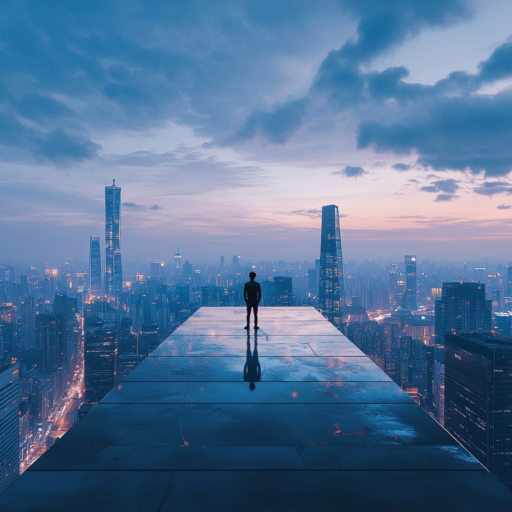 A solitary figure stands calmly on the edge of a rooftop, overlooking a vast and bustling city. Their posture is steady, their expression neutral, embodying inner peace and discipline despite the chaos below. The scene captures the essence of Stoic philosophy—unshaken, focused, and in control.