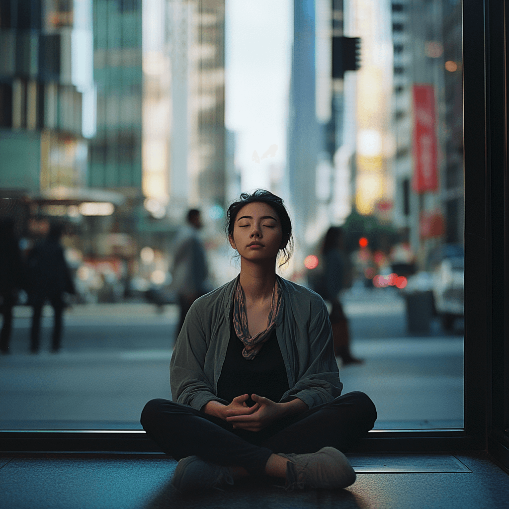 A modern individual sits calmly in the middle of a bustling city, unaffected by the chaos around them. Their face remains neutral and composed, radiating inner peace and discipline. Dressed in simple yet elegant attire, they embody the essence of Stoicism in an ultra-realistic urban setting.